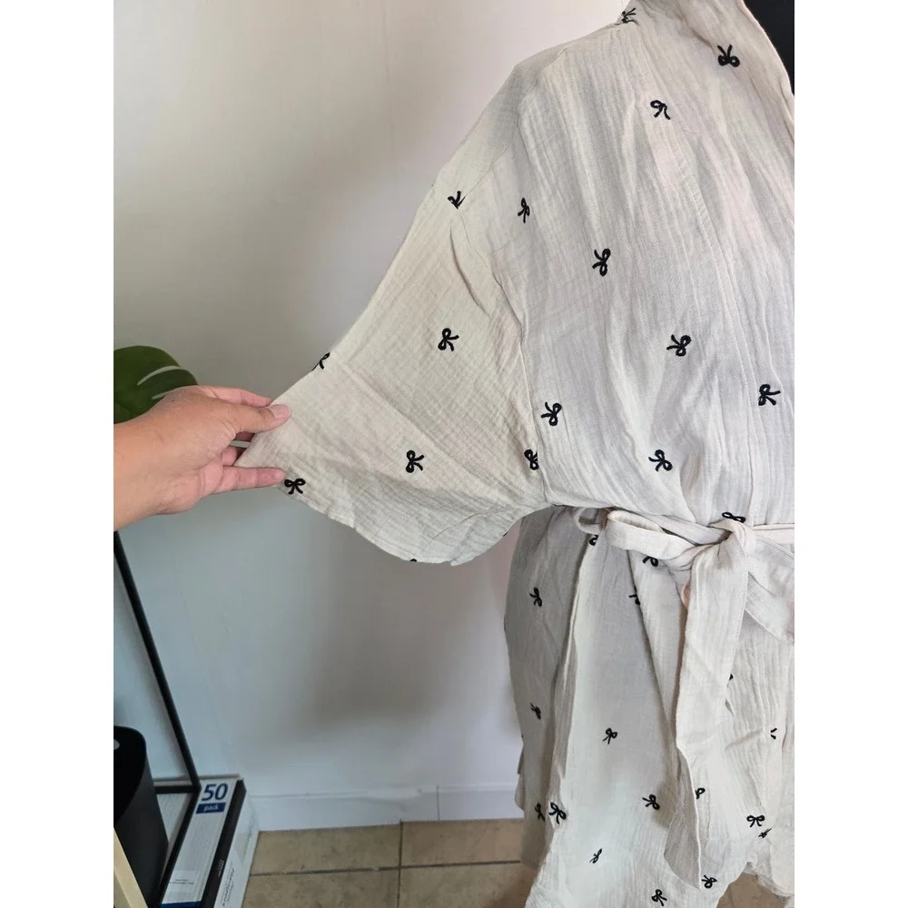 Embroidered Cotton Kimono Robe M/L Cream Black Bows vacation minimalist boho